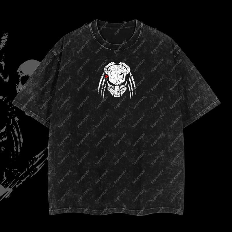 Super Ultimate "Predator" Jungle Hunter Alien vs. Predator AVP Edition Double Printed Oversize Lightweight Acid Washed T-Shirt