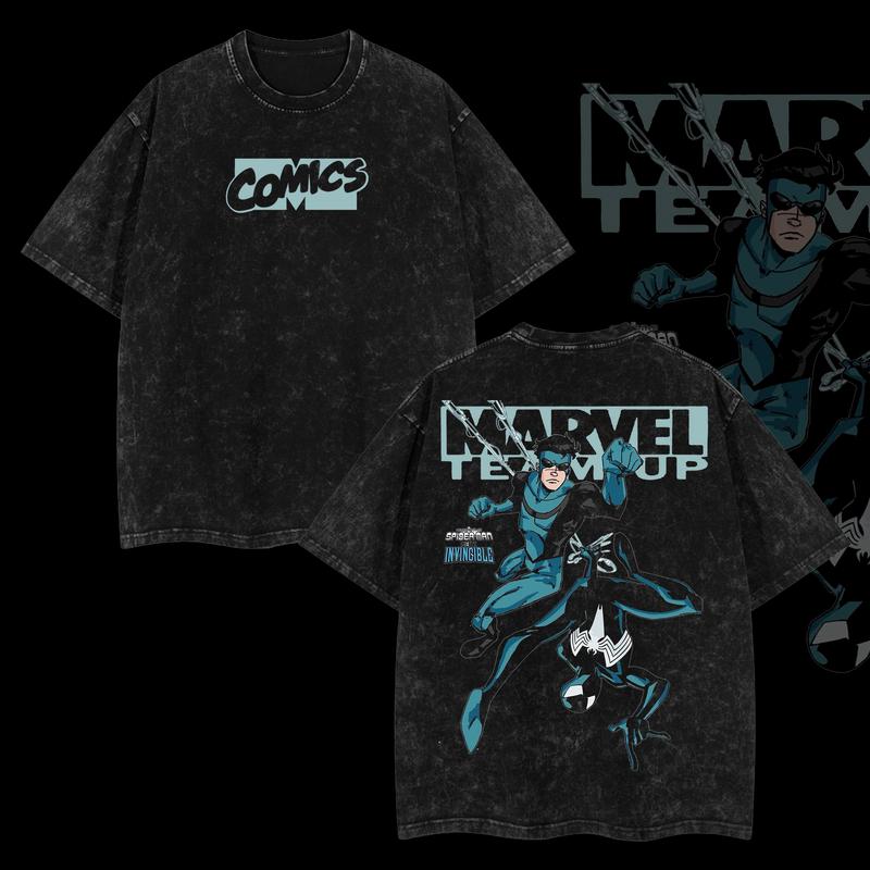 MTU Spider-man vs Mark Grayson Invincible War Comic Marvel MCU Double Printed Oversize Lightweight Acid Washed T-Shirt