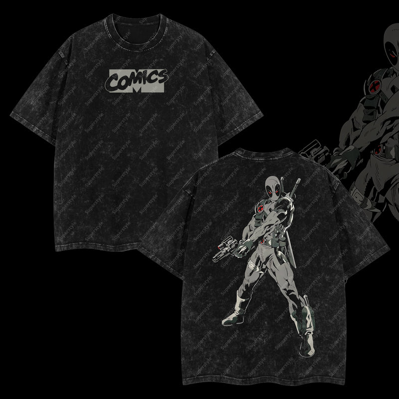 Shadow Merc Captain Deadpool Code-X Marvel MCU Edition Double Printed Oversize Lightweight Acid Washed T-Shirt