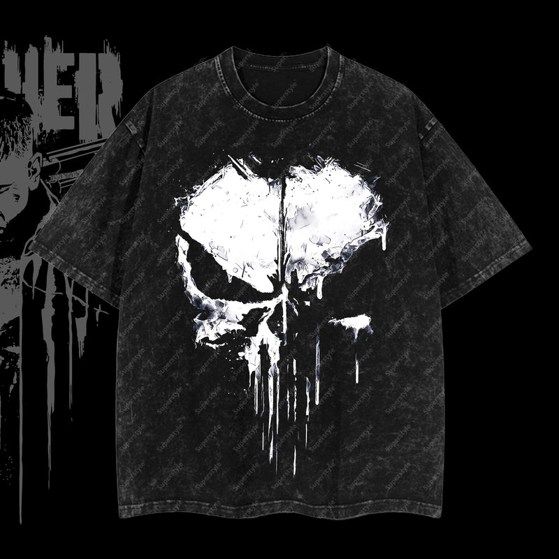 Frank Castle "The Punisher" War Machine Marvel MCU Comic Edition Double Printed Oversize Lightweight Acid Washed T-Shirt