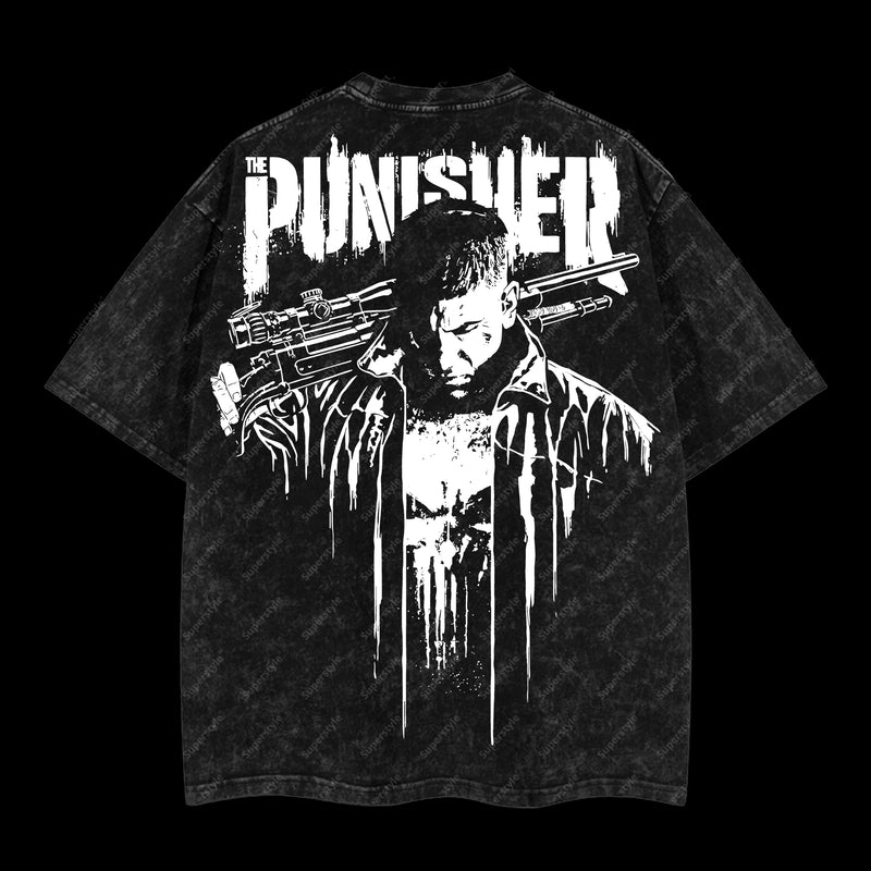 Frank Castle "The Punisher" War Machine Marvel MCU Comic Edition Double Printed Oversize Lightweight Acid Washed T-Shirt