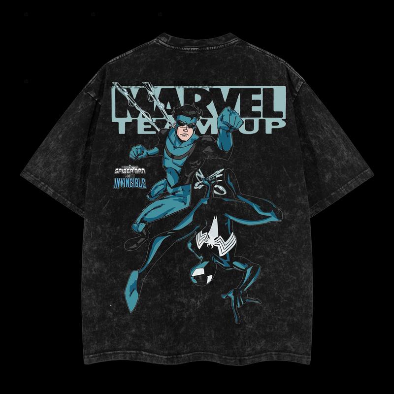 MTU Spider-man vs Mark Grayson Invincible War Comic Marvel MCU Double Printed Oversize Lightweight Acid Washed T-Shirt