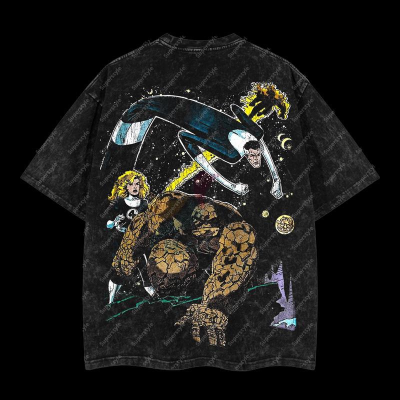 Retro Vintage The Fantastic Four: In Search of Galactus Marvel MCU Edition Double Printed Oversize Lightweight Acid Washed T-Shirt