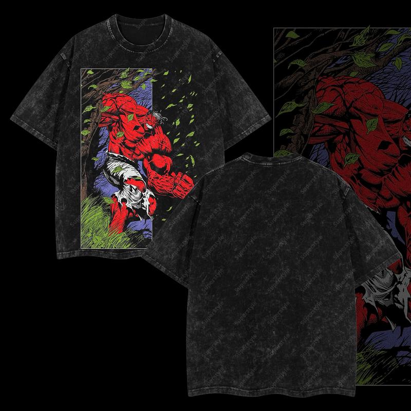 The Incredible Red Hulk Rampage - Marvel MCU Edition Double Printed Oversize Lightweight Acid Washed T-Shirt