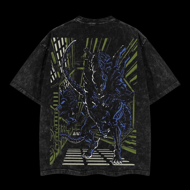 Xenomorph Alien Outer Screamer Ver 03 Alien vs. Predator AVP Edition Double Printed Oversize Lightweight Acid Washed T-Shirt