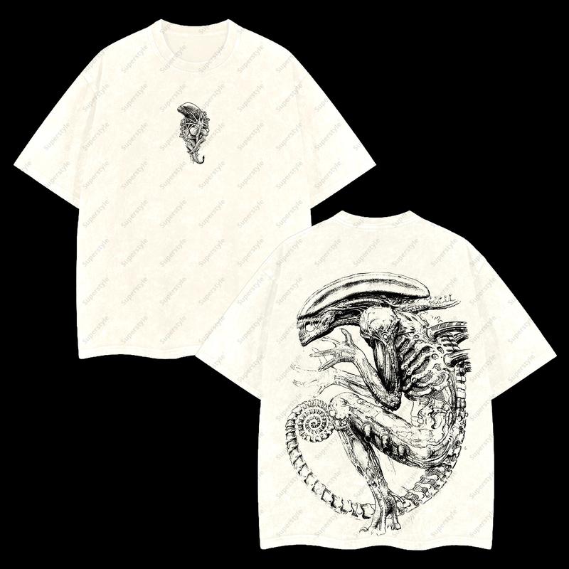 Xenomorph Alien Horror Screamer Alien vs. Predator AVP Edition Double Printed Oversize Lightweight Acid Washed T-Shirt