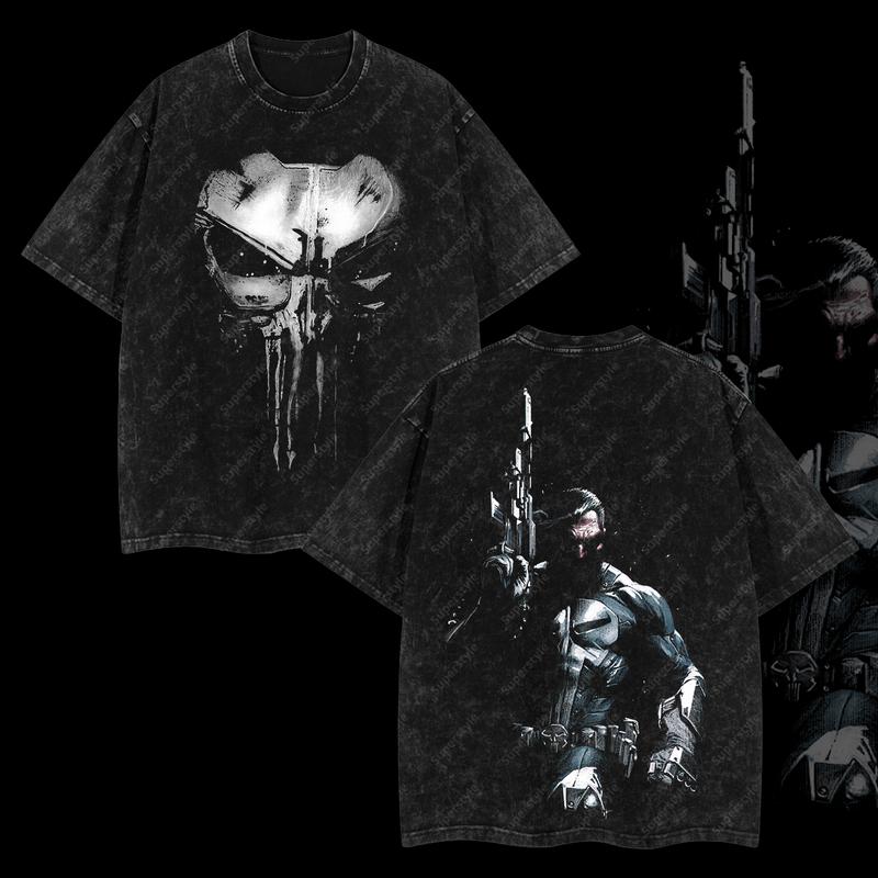 Frank Castle "The Punisher" War Machine Marvel MCU Comic Edition Double Printed Oversize Lightweight Acid Washed T-Shirt