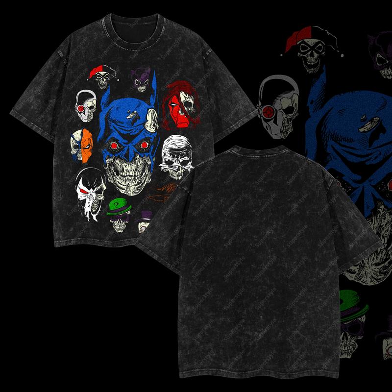 The Dark Night Skull Zombie Horror Version Superhero DC Heroverse Edition Double Printed Oversize Lightweight Acid Washed T-Shirt
