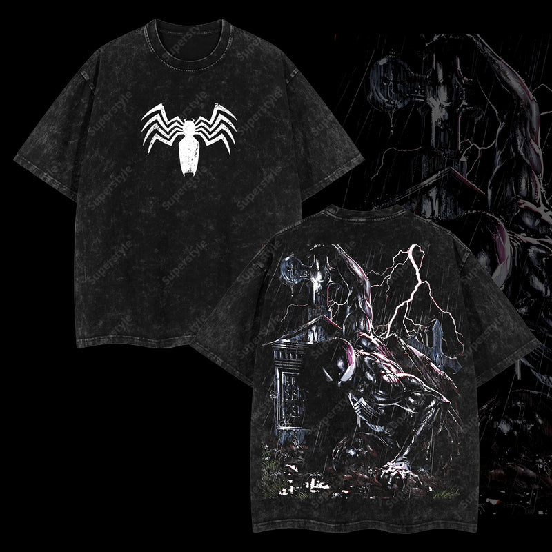 Friendly Neighborhood Spider-man Hero Dark Mutation Shadow Marvel MCU Comic Double Printed Oversize Lightweight Acid Washed T-Shirt