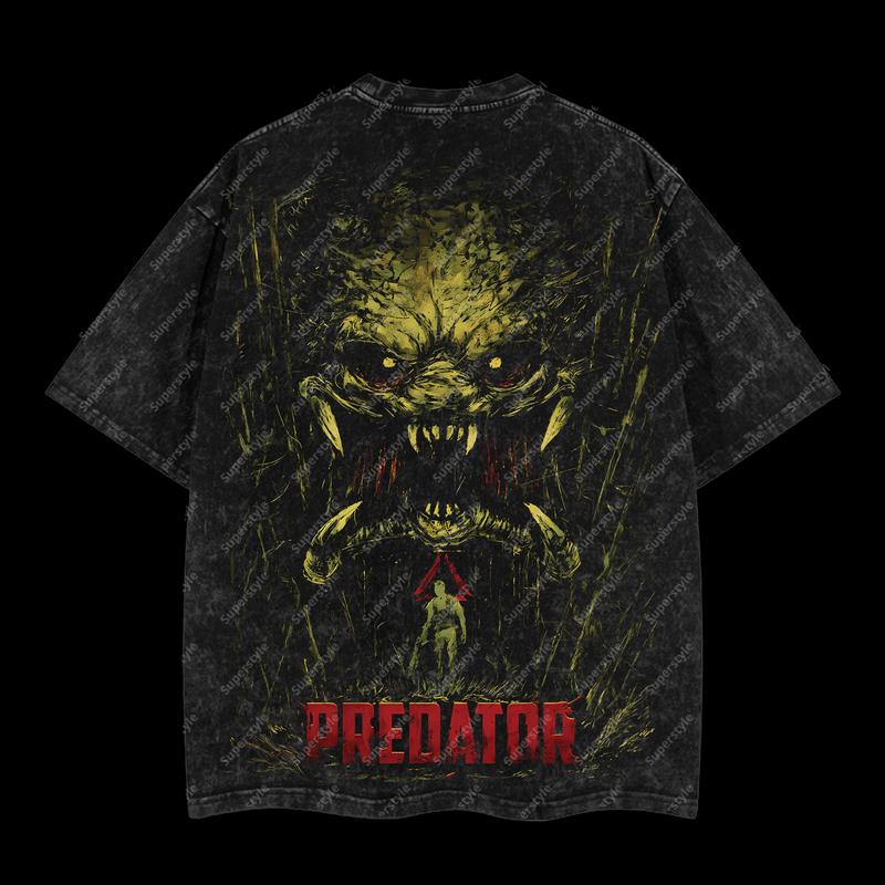 Alien Warrior Yautja "Predator" Edition Double Printed Oversize Lightweight Acid Washed T-Shirt