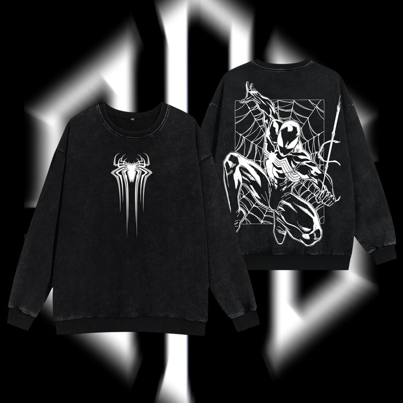 [Collection] Friendly Neighborhood Spider-man Black Suit Hero Marvel MCU Edition Double Printed Oversize Lightweight Acid Washed Sweater