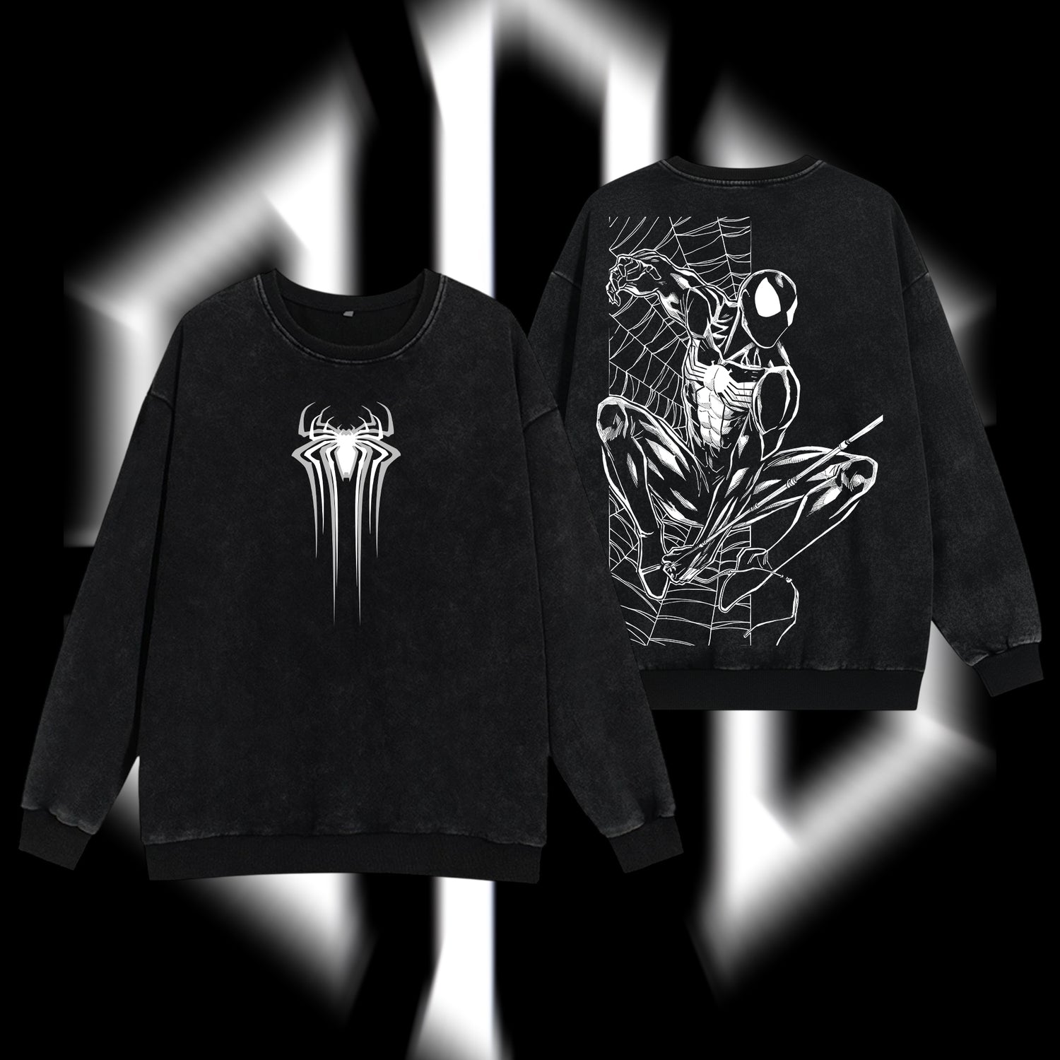 [Collection] Friendly Neighborhood Spider-man Black Suit Hero Marvel MCU Edition Double Printed Oversize Lightweight Acid Washed Sweater