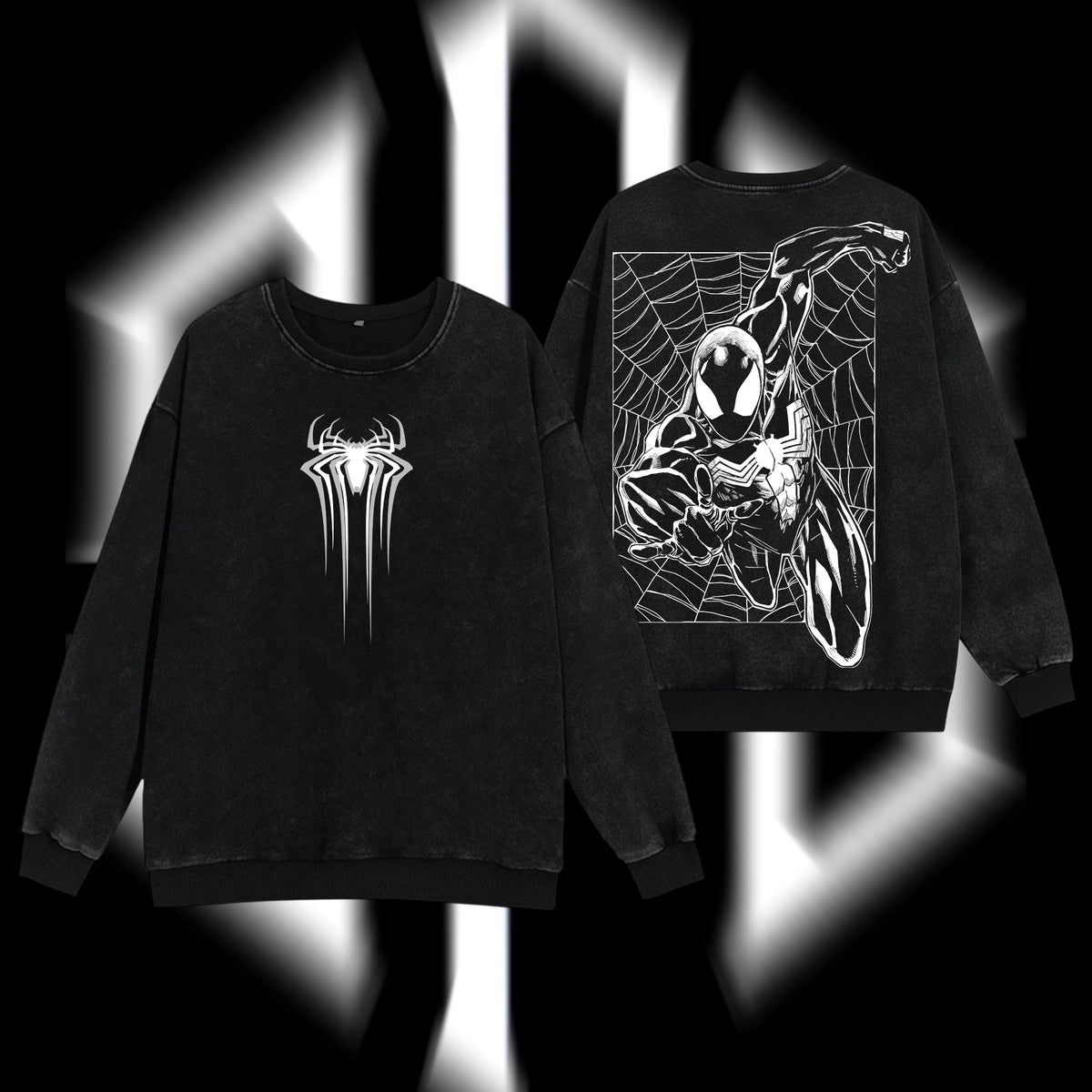 [Collection] Friendly Neighborhood Spider-man Black Suit Hero Marvel MCU Edition Double Printed Oversize Lightweight Acid Washed Sweater