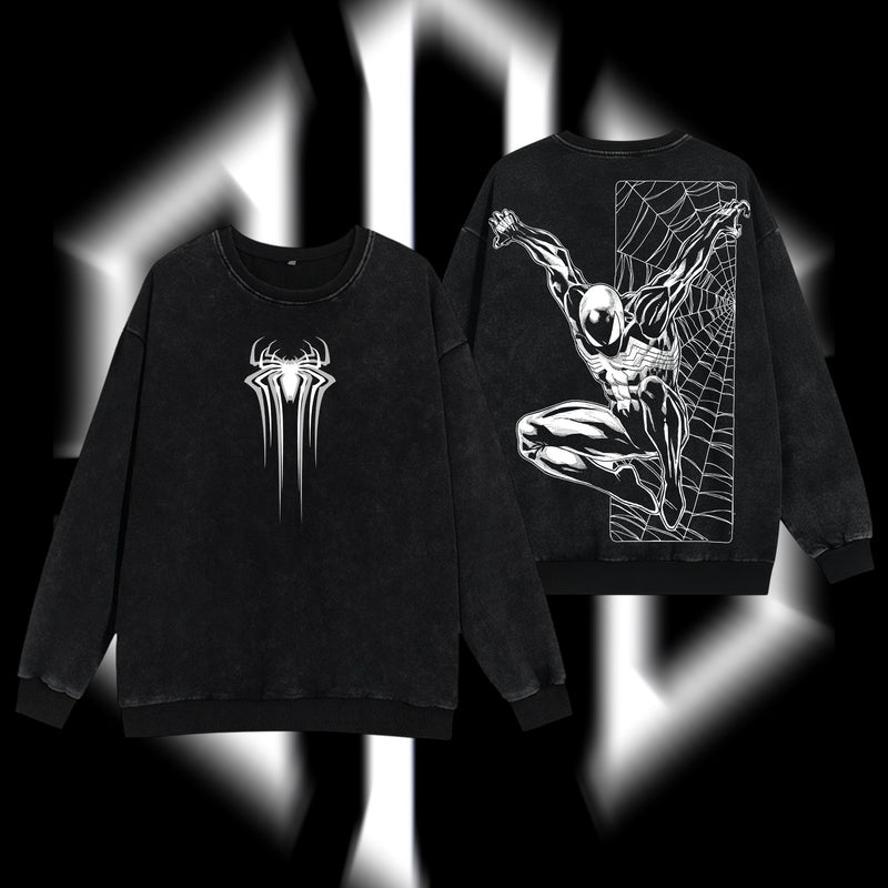 [Collection] Friendly Neighborhood Spider-man Black Suit Hero Marvel MCU Edition Double Printed Oversize Lightweight Acid Washed Sweater
