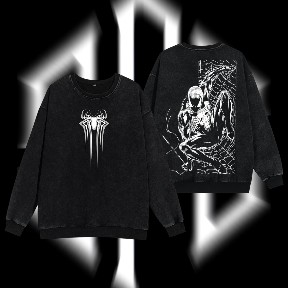 [Collection] Friendly Neighborhood Spider-man Black Suit Hero Marvel MCU Edition Double Printed Oversize Lightweight Acid Washed Sweater