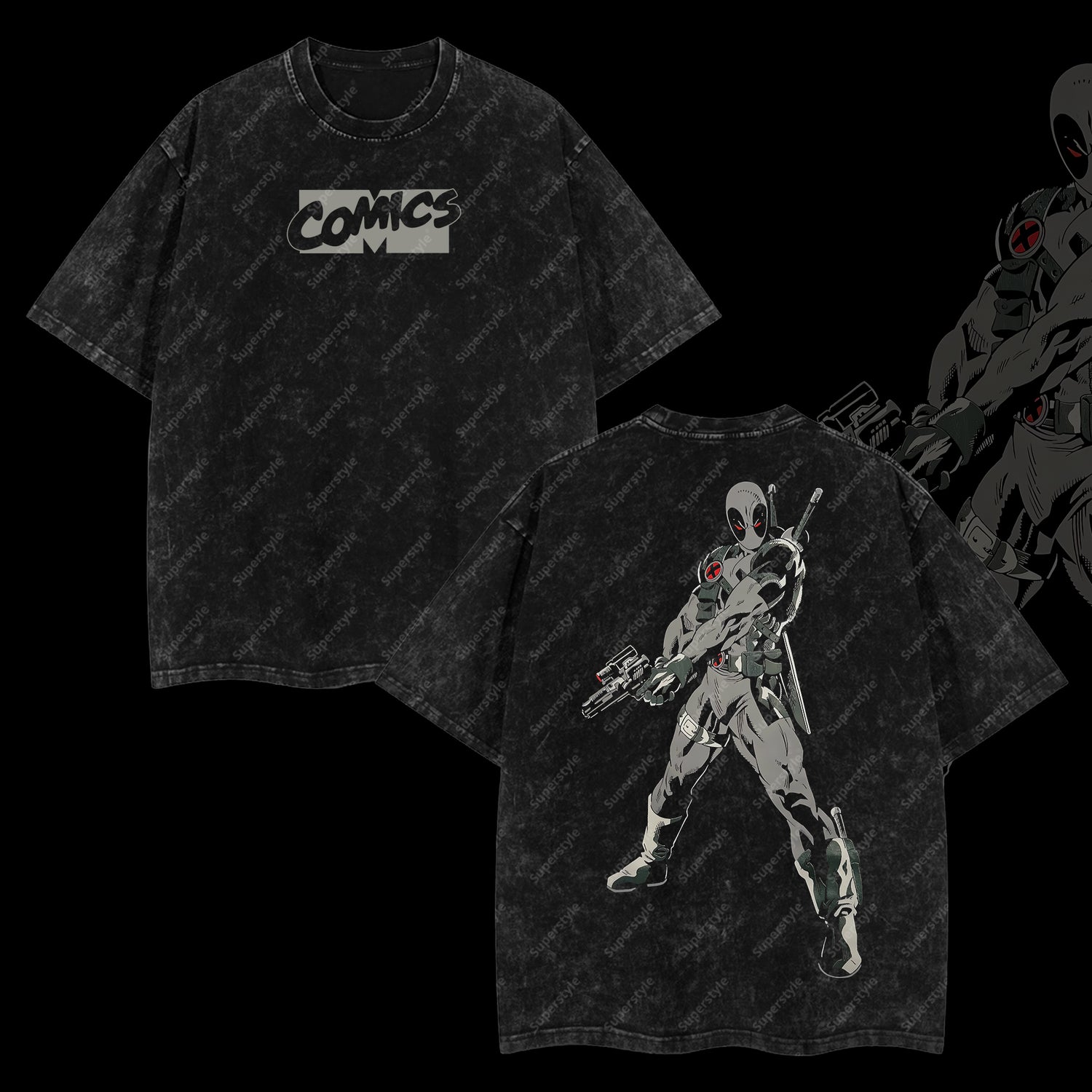 Shadow Merc Captain Deadpool Code-X Marvel MCU Edition Double Printed Oversize Lightweight Acid Washed T-Shirt