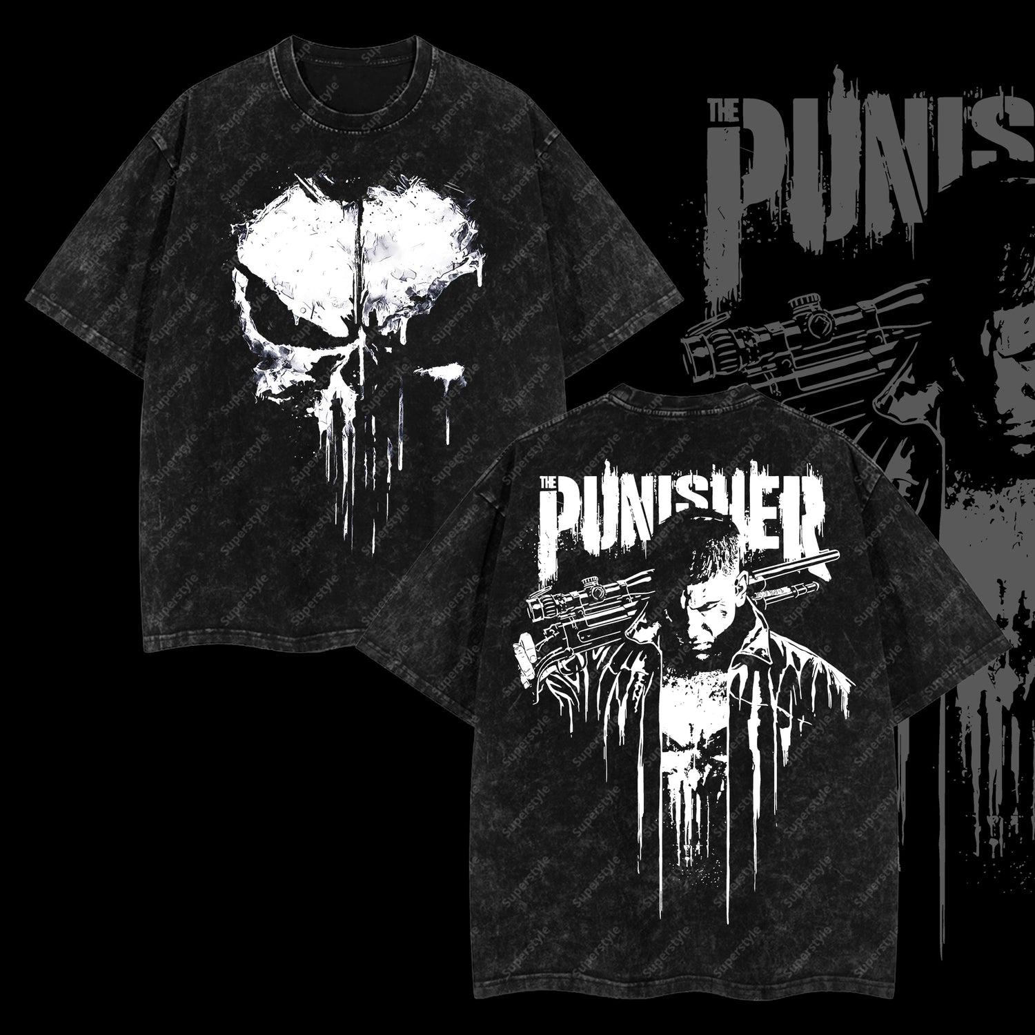 Frank Castle "The Punisher" War Machine Marvel MCU Comic Edition Double Printed Oversize Lightweight Acid Washed T-Shirt