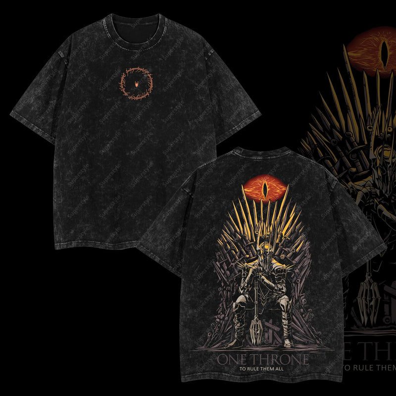 "One Throne to Rule Them All" Lord of the Rings Edition Double Printed Oversize Lightweight Acid Washed T-Shirt