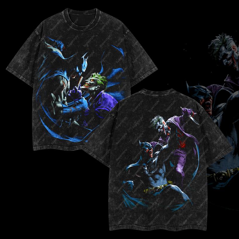 The Dark Knight "Batman" x The Clown Prince of Crime "Joker" DC Comic Edition Double Printed Oversize Lightweight Acid Washed T-Shirt