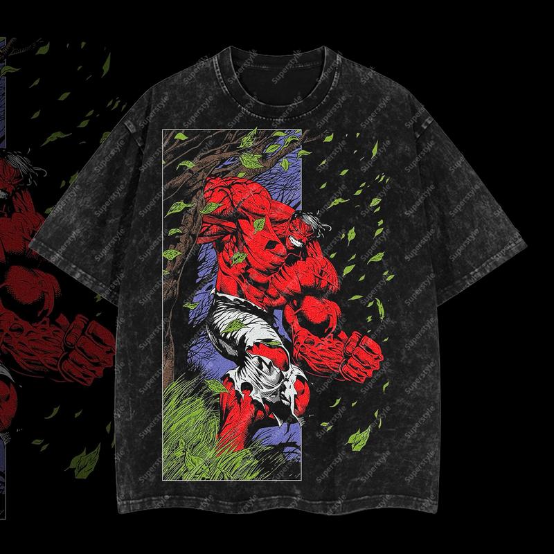The Incredible Red Hulk Rampage - Marvel MCU Edition Double Printed Oversize Lightweight Acid Washed T-Shirt