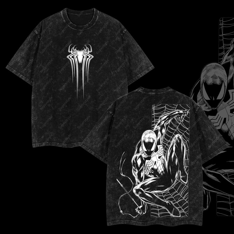 [Collection] Friendly Neighborhood Spider-man Black Suit Hero Marvel MCU Edition Double Printed Oversize Lightweight Acid Washed T-Shirt