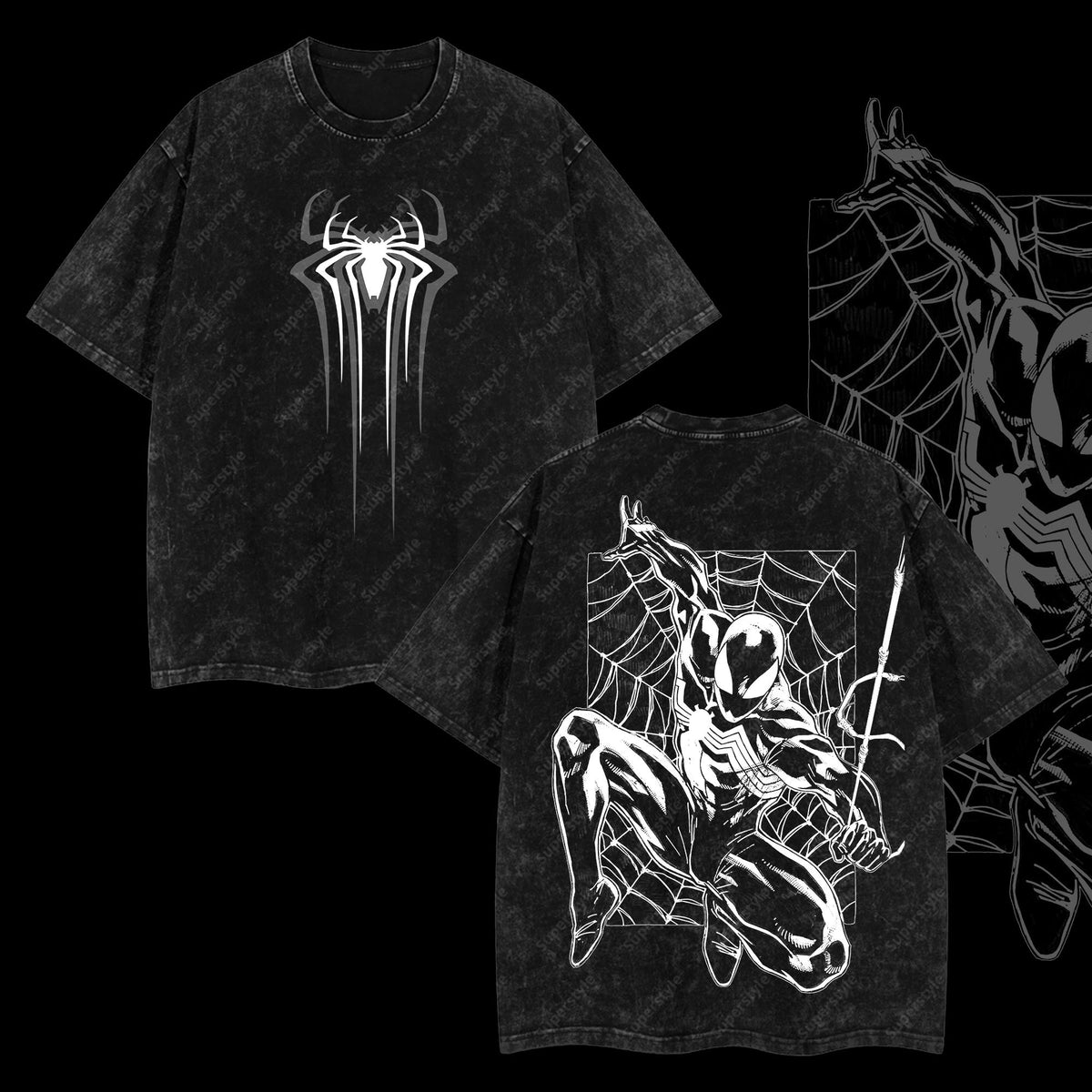 [Collection] Friendly Neighborhood Spider-man Black Suit Hero Marvel MCU Edition Double Printed Oversize Lightweight Acid Washed T-Shirt