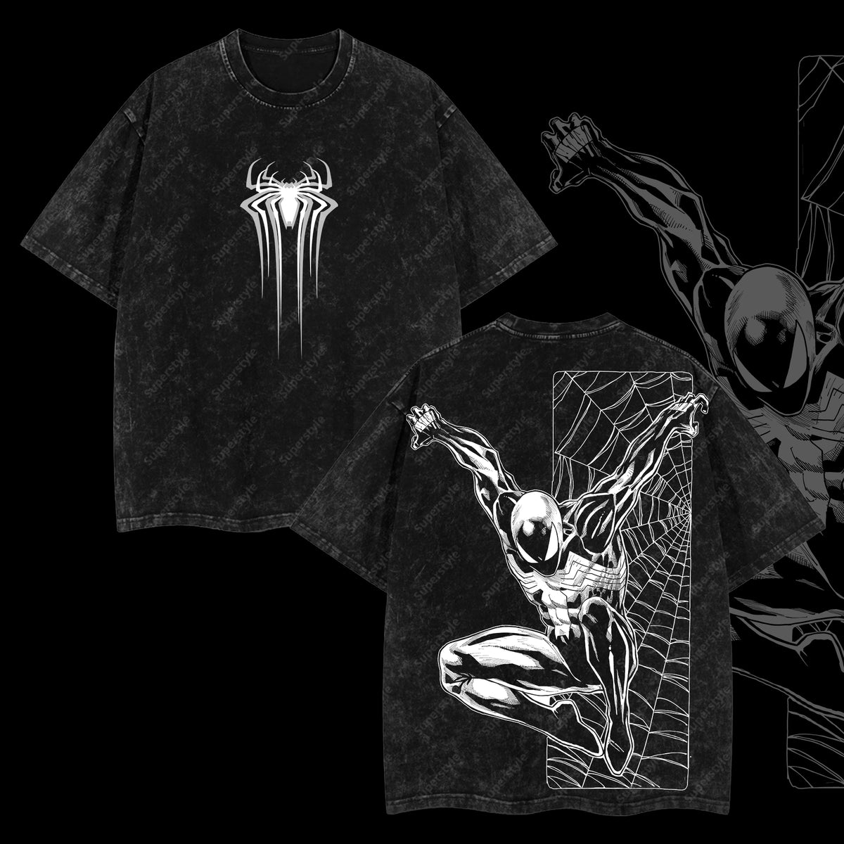 [Collection] Friendly Neighborhood Spider-man Black Suit Hero Marvel MCU Edition Double Printed Oversize Lightweight Acid Washed T-Shirt
