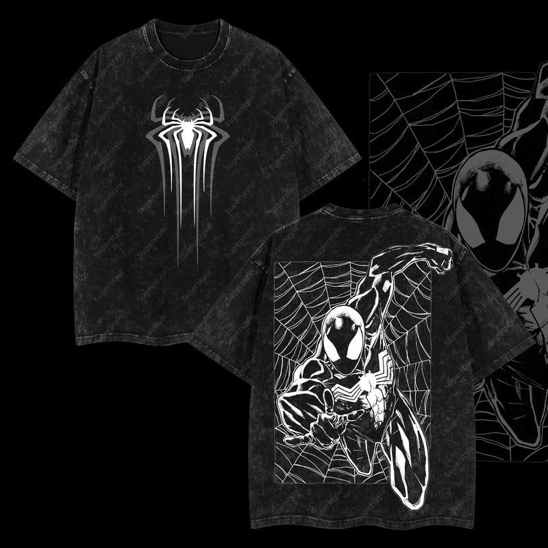 [Collection] Friendly Neighborhood Spider-man Black Suit Hero Marvel MCU Edition Double Printed Oversize Lightweight Acid Washed T-Shirt