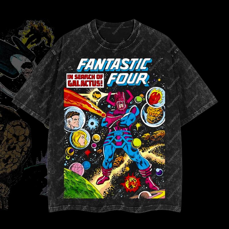 Retro Vintage The Fantastic Four: In Search of Galactus Marvel MCU Edition Double Printed Oversize Lightweight Acid Washed T-Shirt