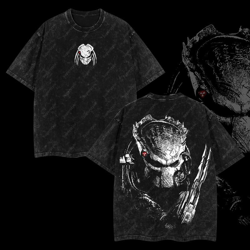 Intergalactic Hunter Yautja "Predator" Edition Double Printed Oversize Lightweight Acid Washed T-Shirt