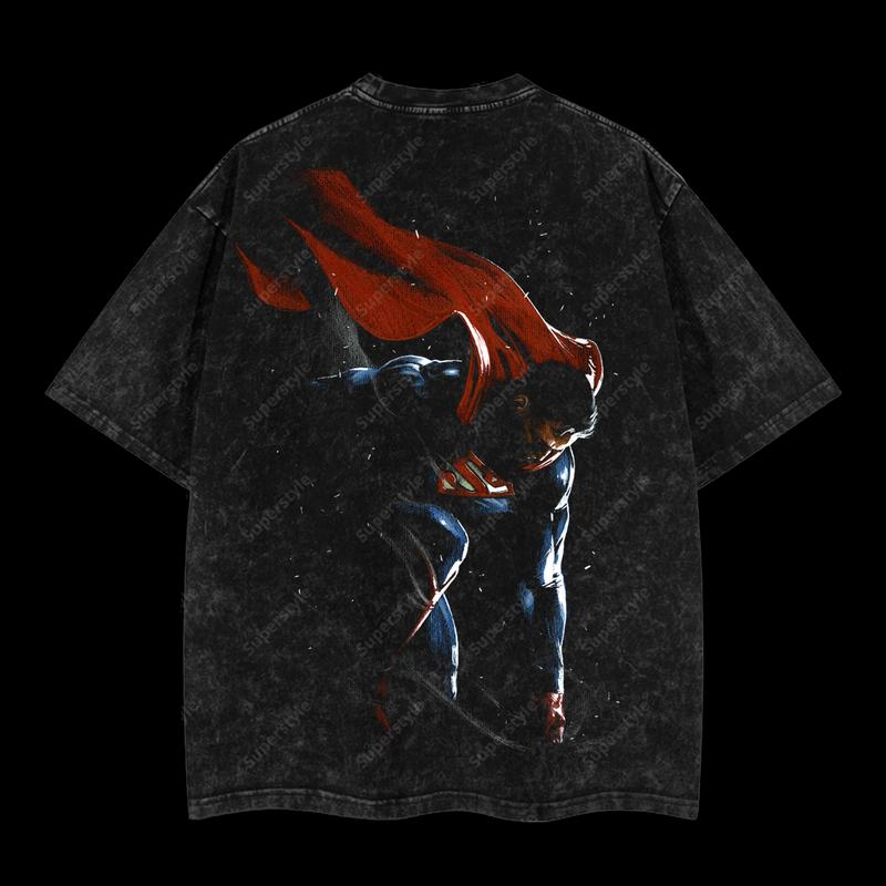The Man of Steel "Superman" Clark Kent DC Comic Edition Double Printed Oversize Lightweight Acid Washed T-Shirt