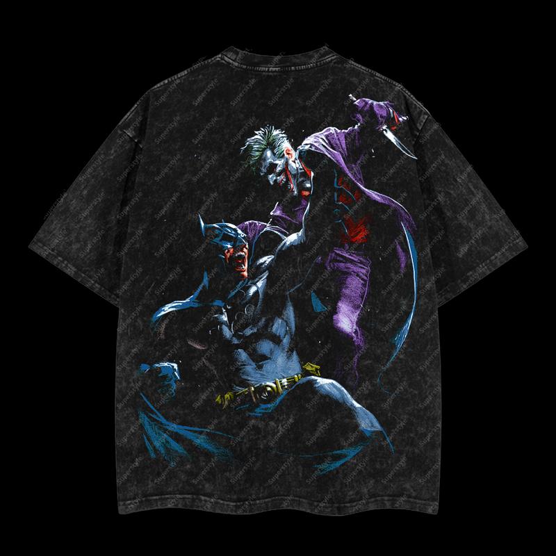 The Dark Knight "Batman" x The Clown Prince of Crime "Joker" DC Comic Edition Double Printed Oversize Lightweight Acid Washed T-Shirt