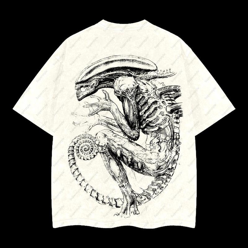 Xenomorph Alien Horror Screamer Alien vs. Predator AVP Edition Double Printed Oversize Lightweight Acid Washed T-Shirt