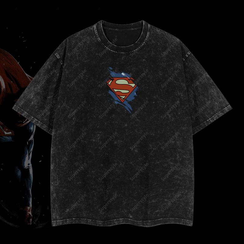 The Man of Steel "Superman" Clark Kent DC Comic Edition Double Printed Oversize Lightweight Acid Washed T-Shirt