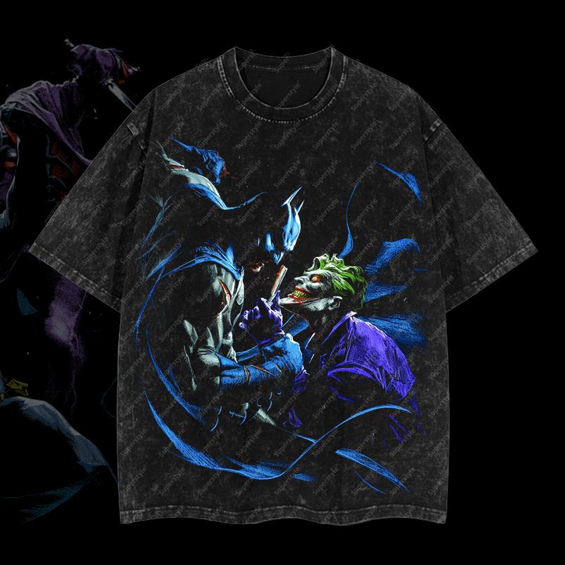 The Dark Knight "Batman" x The Clown Prince of Crime "Joker" DC Comic Edition Double Printed Oversize Lightweight Acid Washed T-Shirt