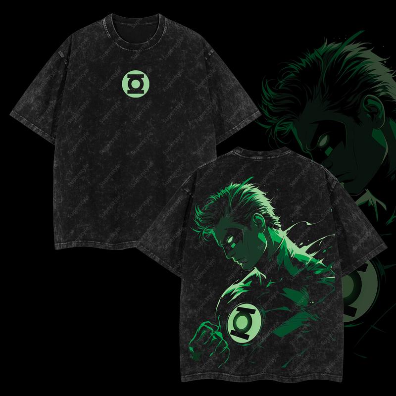 Emerald Sentinel "Green Lantern" DC Cosmic Guardian Comic Edition Double Printed Oversize Lightweight Acid Washed T-Shirt