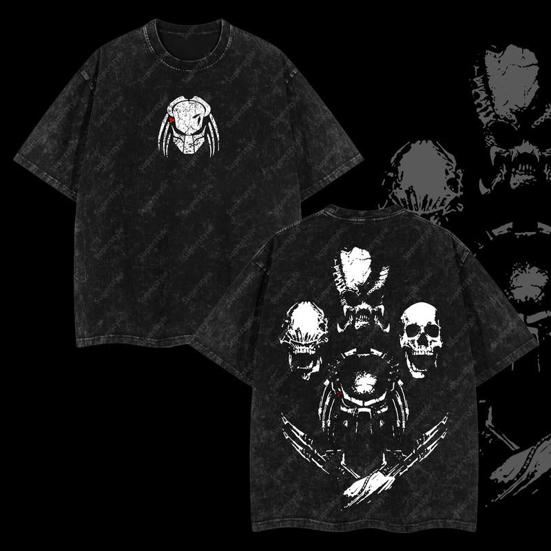 Super Ultimate "Predator" Jungle Hunter Alien vs. Predator AVP Edition Double Printed Oversize Lightweight Acid Washed T-Shirt