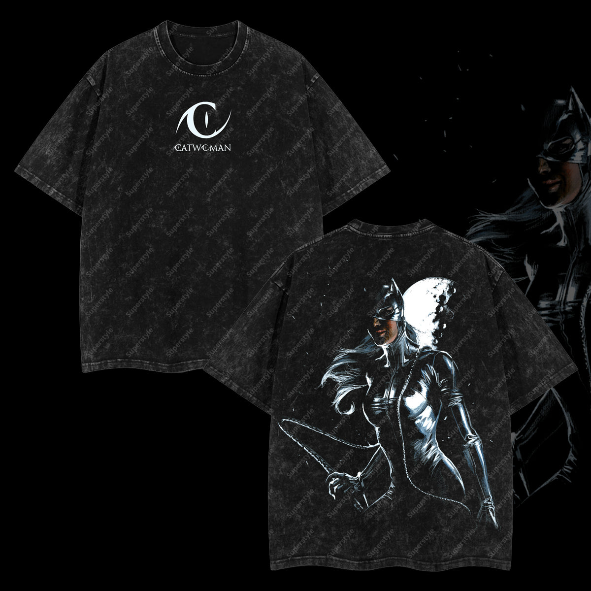 Selina Kyle Gotham’s Feline "Cat Woman" DC Comic Edition Double Printed Oversize Lightweight Acid Washed T-Shirt