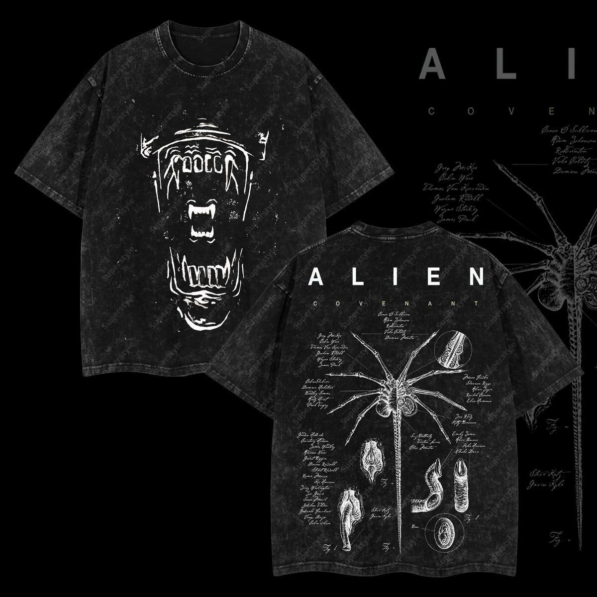 Xenomorph Alien Outer Screamer Alien vs. Predator AVP Edition Double Printed Oversize Lightweight Acid Washed T-Shirt