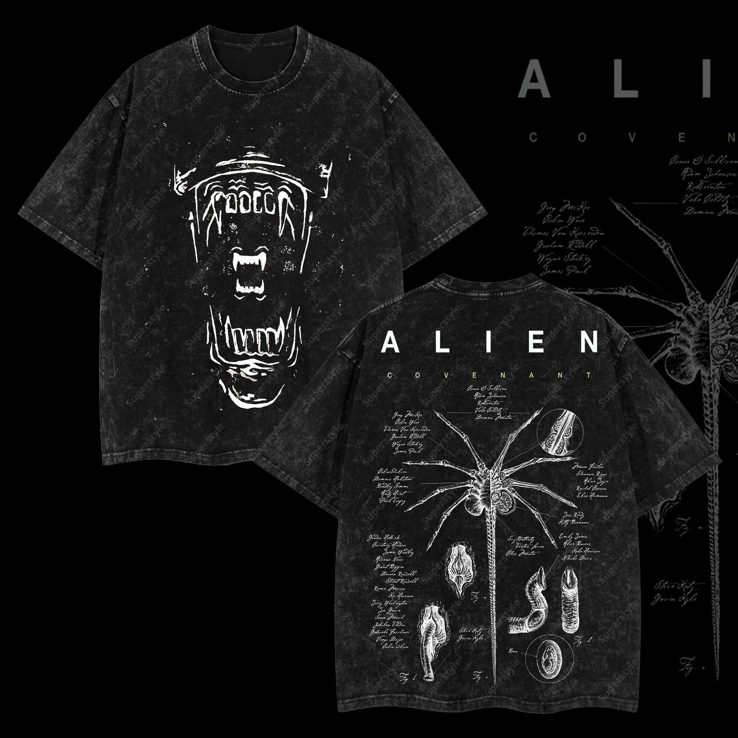 Xenomorph Alien Outer Screamer Alien vs. Predator AVP Edition Double Printed Oversize Lightweight Acid Washed T-Shirt