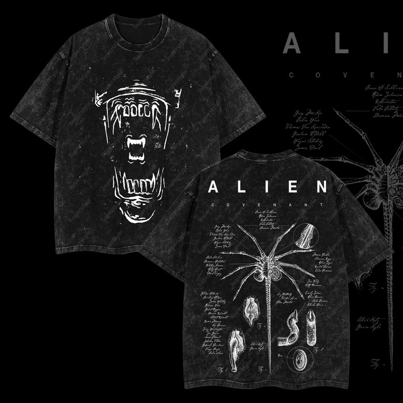 Xenomorph Alien Outer Screamer Alien vs. Predator AVP Edition Double Printed Oversize Lightweight Acid Washed T-Shirt