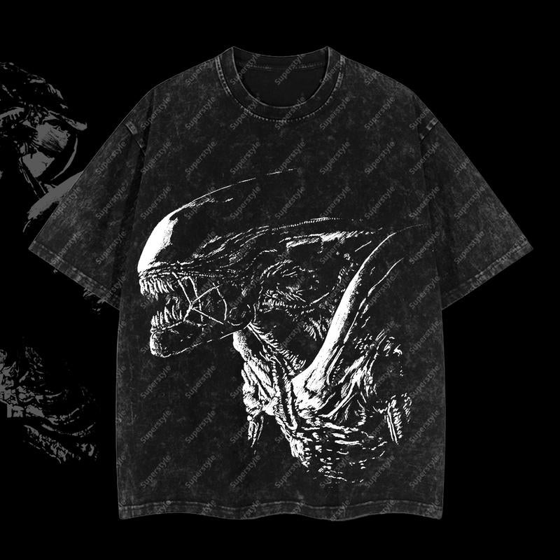 Xenomorph Alien Horror Screamer Alien vs. Predator AVP Edition Double Printed Oversize Lightweight Acid Washed T-Shirt