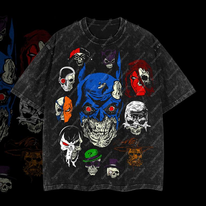 The Dark Night Skull Zombie Horror Version Superhero DC Heroverse Edition Double Printed Oversize Lightweight Acid Washed T-Shirt