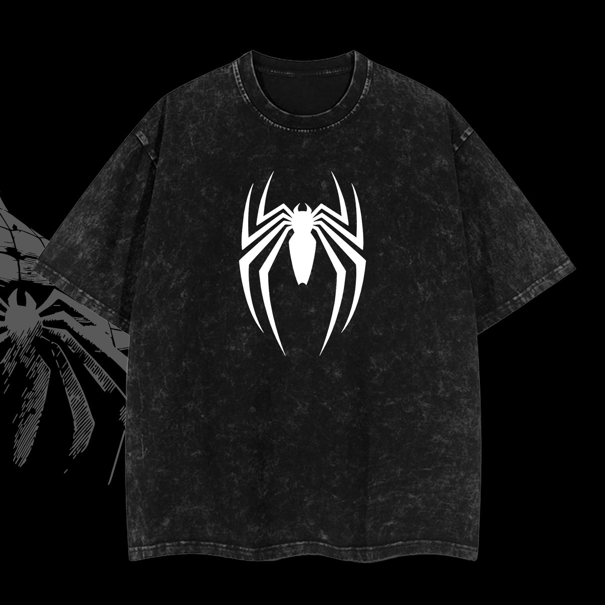Friendly Neighborhood Spider-man Hero Dark Mutation Shadow Marvel MCU Comic Double Printed Oversize Lightweight Acid Washed T-Shirt