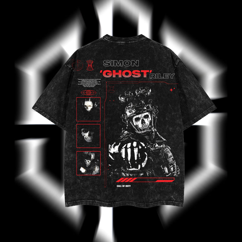 [Collection] Simon "Ghost" Riley Skull Mask Warrior Call of Duty: Modern Warfare II Edition Double Printed Oversize Lightweight Acid Washed Tee