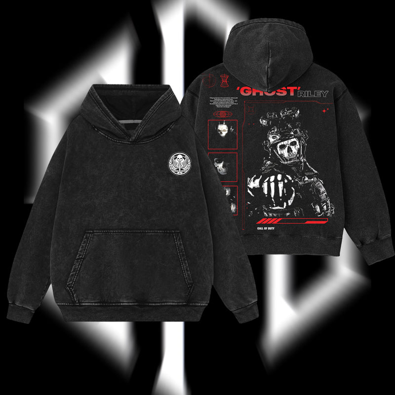 [Collection] Simon "Ghost" Riley Skull Mask Warrior Call of Duty: Modern Warfare Il Edition Double Printed Oversize Lightweight Acid Washed Hoodie