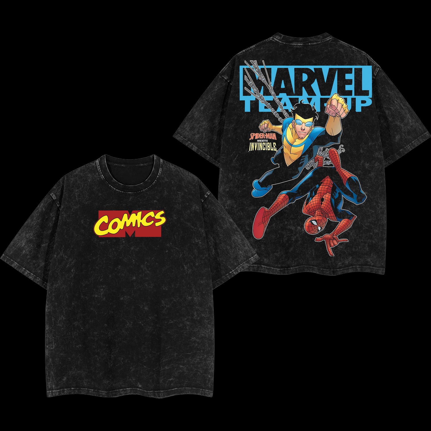 MTU Spider-man vs Mark Grayson Invincible War Comic Marvel MCU Double Printed Oversize Lightweight Acid Washed T-Shirt