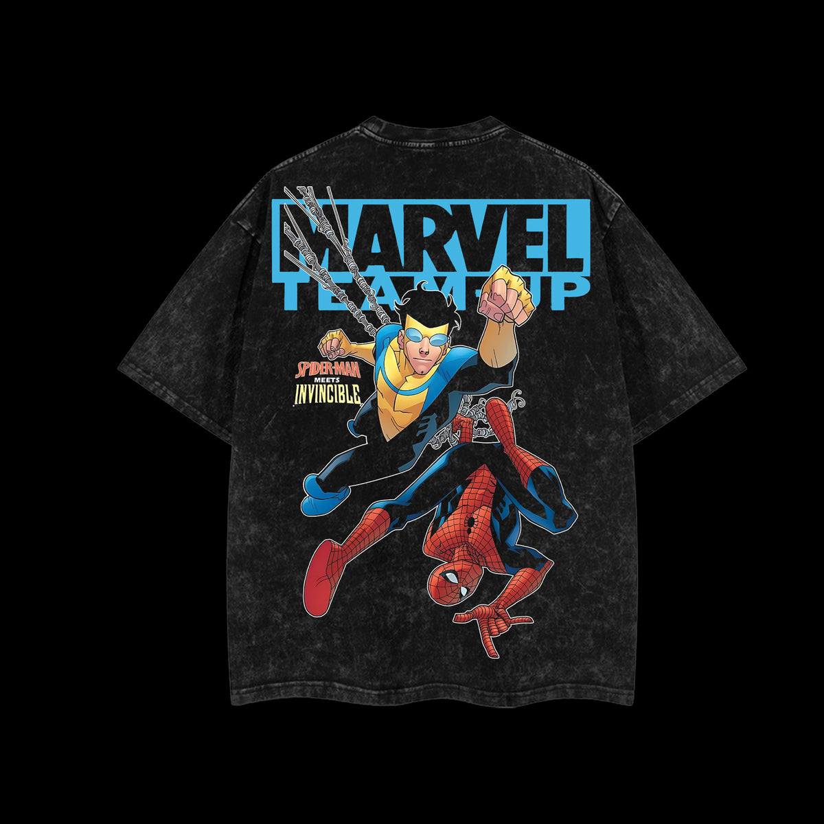 MTU Spider-man vs Mark Grayson Invincible War Comic Marvel MCU Double Printed Oversize Lightweight Acid Washed T-Shirt