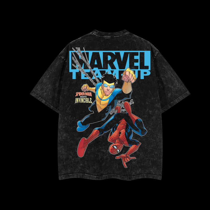 MTU Spider-man vs Mark Grayson Invincible War Comic Marvel MCU Double Printed Oversize Lightweight Acid Washed T-Shirt