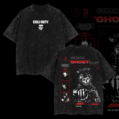 [Collection] Simon "Ghost" Riley Skull Mask Warrior Call of Duty: Modern Warfare II Edition Double Printed Oversize Lightweight Acid Washed Tee
